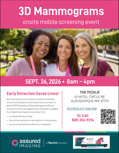 3D Mammograms onsite mobile screening event at The Picklr on September 26, 2026, from 8:00 AM to 4:00 PM